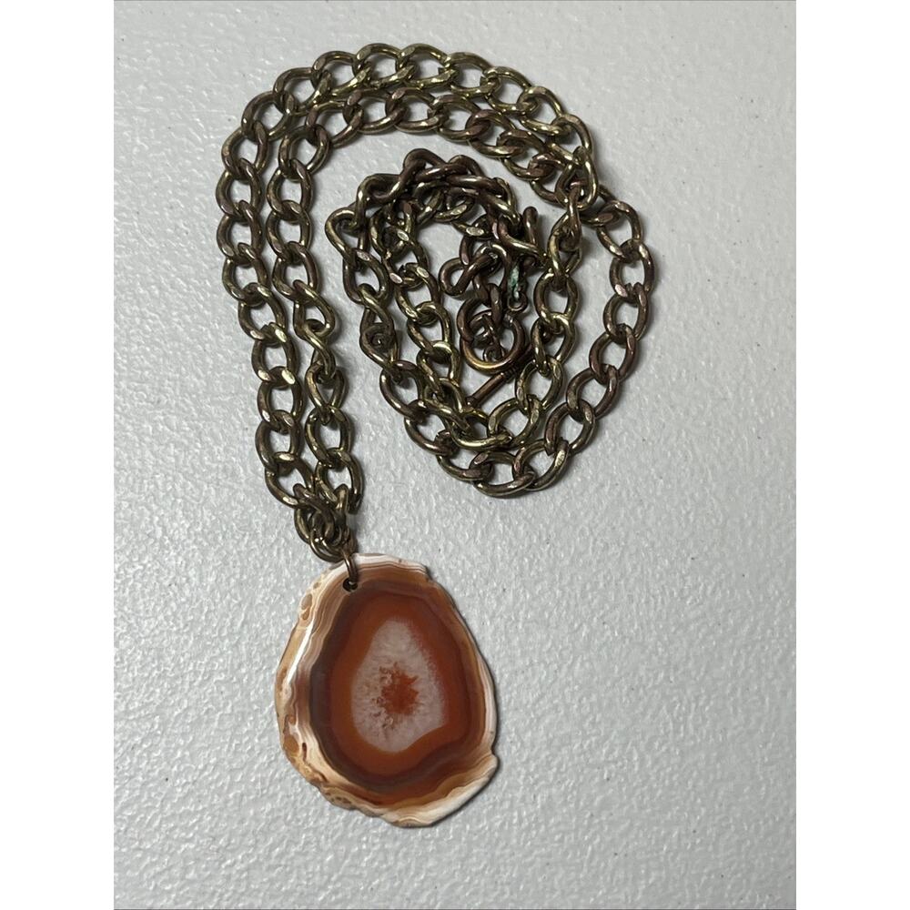 Vintage Polished Agate Geode Slice Pendant Necklace Rust Orange Brown